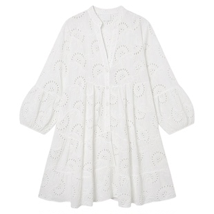 Solid V-neck loose embroidered lace dress纯色V领蕾丝连衣裙女