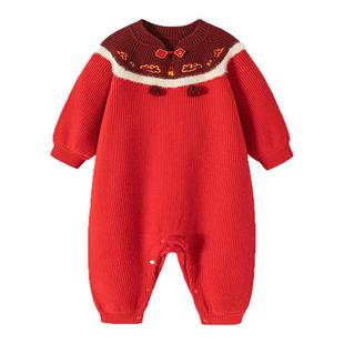 迷你巴拉巴拉女宝宝针织连体衣新生儿婴儿国风爬服红色周岁拜年服