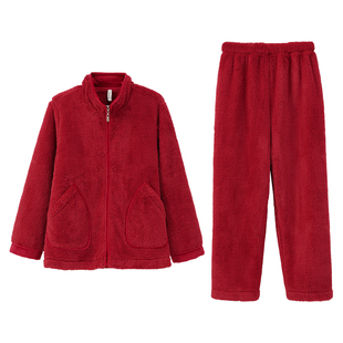 安之伴本命年大红色珊瑚绒睡衣女秋冬款立领可外穿家居服保暖套装