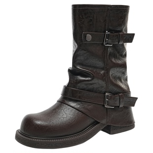 千百度厚底马丁靴女套筒松糕新款复古骑士短靴显瘦中筒裤管靴子女