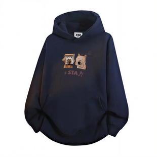 STA旗舰店美式潮牌小众设计连帽卫衣男女秋冬季高街黑色加绒外套
