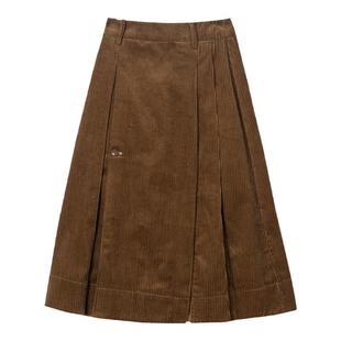 Dotdrobe多着 咖色灯芯绒双褶开叉半身裙A字秋冬百搭新款复古