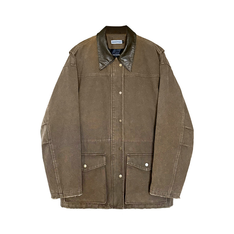 TRENDYWU 中古水洗“伐木”工装做旧巴恩帆布麻加厚中长棉服外套