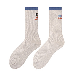 灰色袜子女中筒袜秋冬季纯棉ab不对称猫咪和鱼卡通可爱学院风长袜