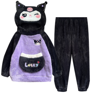 库洛米搞怪睡衣儿童女孩高端长毛绒冬天加厚款女童连帽家居服套装