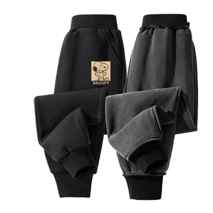 史努比男孩加厚绒裤子男童运动裤男大童黑色卫裤冬外穿儿童休闲裤