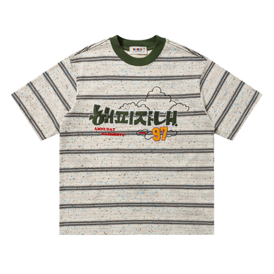 美式复古风条纹短袖T恤男女