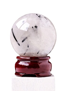 天然黑发晶水晶球摆件原石打磨黑碧玺能量石球家居桌面装饰摆件