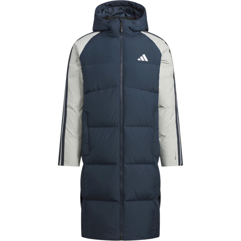 adidas阿迪达斯男子户外运动保暖三条纹长款连帽羽绒服外套KQ5494