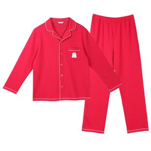 仕乐春秋款云感家居服套装纯棉中厚睡衣开衫马年大红色本命年男款