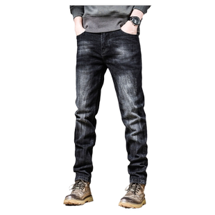 秋冬弹力牛仔裤男合体直筒修身黑色水洗美式痞帅冬季加绒加厚高级