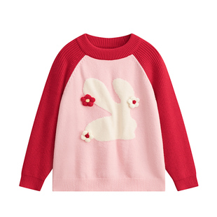 爱法贝秋新款女童休闲线衫中大童针织衫儿童宽松圆领上衣