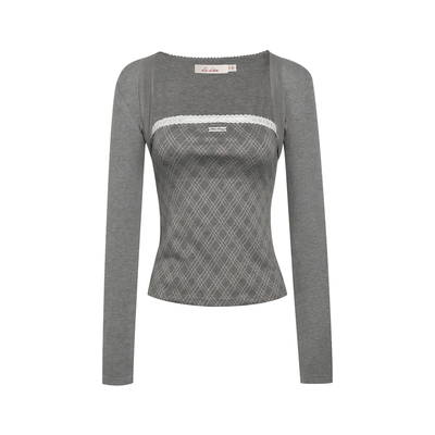 花边格子抹胸+长袖坎肩针织衫