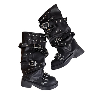 pinkyo原创黑色朋克风子弹铆钉裤管堆堆靴秋季小众设计长筒骑士靴
