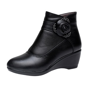 冬季棉鞋小码31 32 33真皮坡跟中老年妈妈短靴保暖棉靴子加绒女鞋