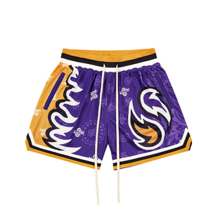 RESERFF 洛城湖人 复古火焰腰果花廓形四分双层网眼运动短裤潮流