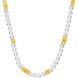 周六福珍珠项链金色几何链坠贝珠S925银黄金色复古情人节礼物