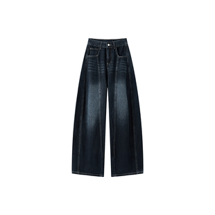 美式复古刺绣弯刀牛仔裤女秋冬新款胖妹妹mm高腰宽松显瘦阔腿长裤