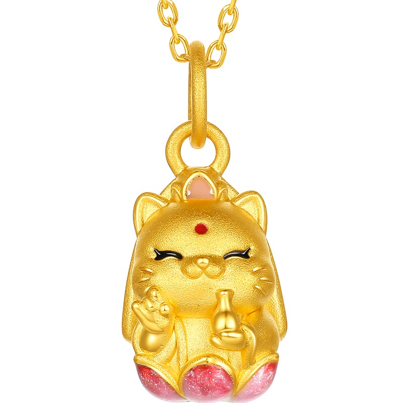 周六福黄金5d硬金吊坠女款定价黄金珐琅莲花猫咪颈饰送节日礼物