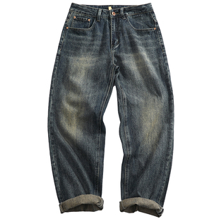 美式复古牛仔裤男新款宽松直筒潮牌猫须刷白做旧水洗锥形牛仔裤子