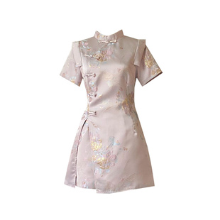 新中式复古气质盘扣短袖旗袍连衣裙+高腰显瘦阔腿短裤两件套女