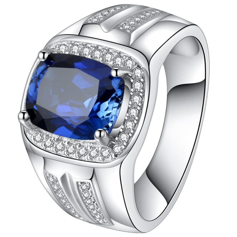 925纯银镀金蓝宝石戒指男小众饰品潮男个性食指活口指环开口刻字