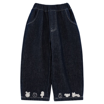 幼悠男童加绒加厚小熊牛仔裤冬季不易褪色创意贴布绣休闲直筒裤子