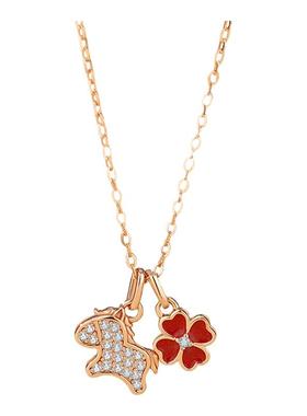 纯银S925红色四叶草小马项链女小众设计爱心生肖马锁骨链