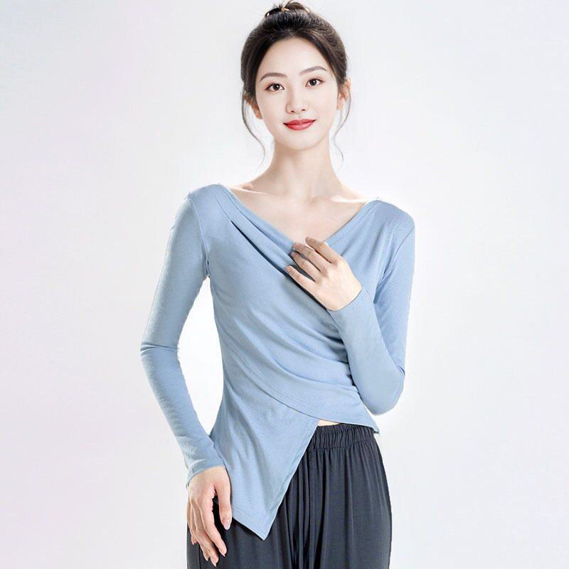 现代舞舞蹈服交叉修身长袖套指上衣练功服中国古典舞形体服成人女