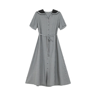 一城画一夏季复古文艺范长款连衣裙棉纱提花大翻领纯色长裙