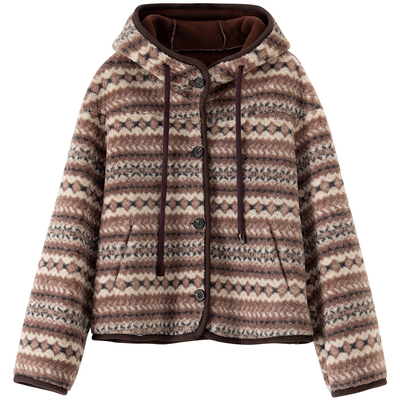 BANANA BABY2025年冬新款复古费尔岛连帽外套女羊羔绒保暖单排扣