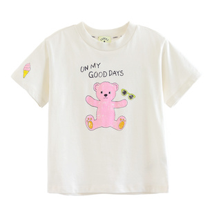 ILOVEJ韩国童装夏季女童荧光粉色小熊短袖T恤纯棉上衣JXUTO04