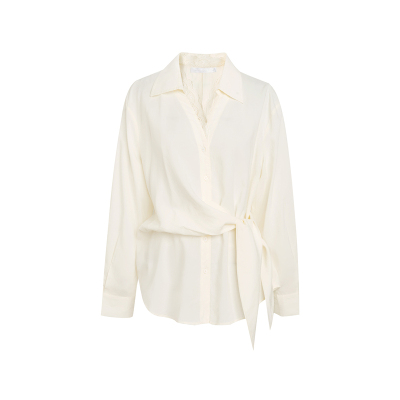 天丝侧绑带蕾丝拼接V领长袖衬衫