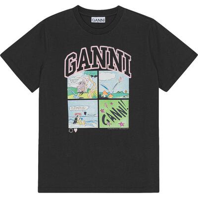 GANNI女装 经典款美式趣味漫画动物印花休闲圆领正肩短袖T恤上衣