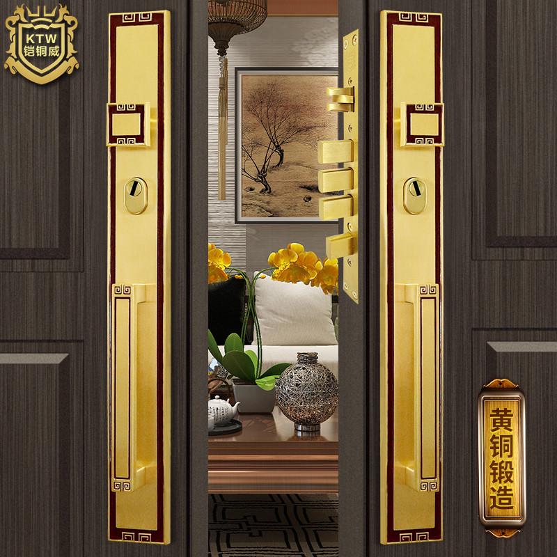 现货铠铜威铜新中式防盗锁别墅对开大门锁黄铜金属门防盗门木门锁