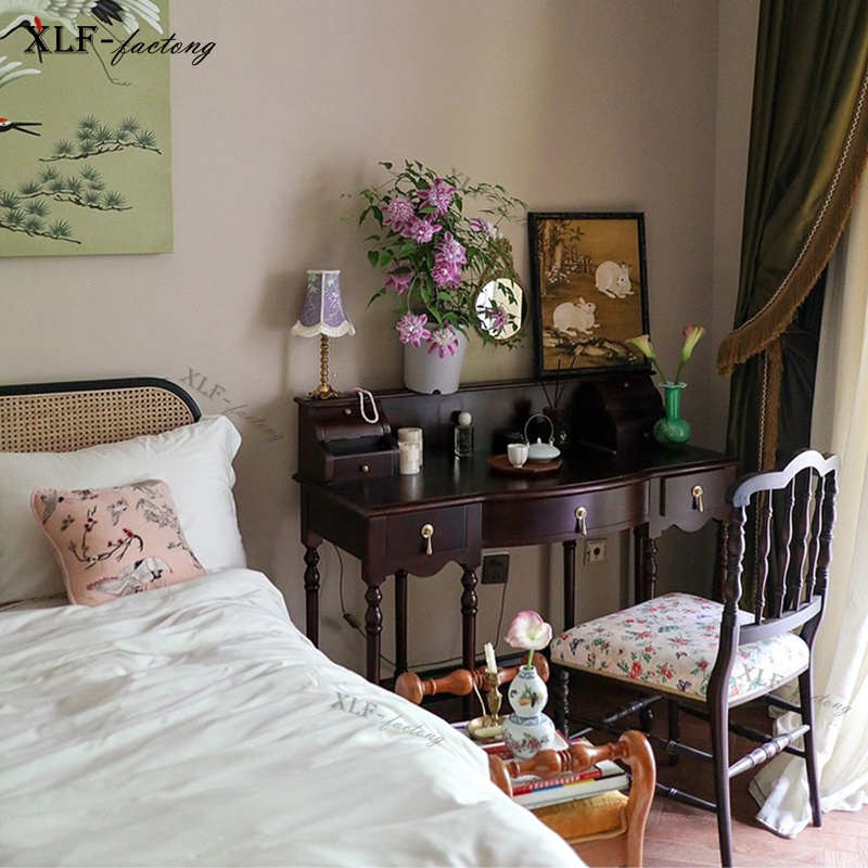 法式复古做旧梳妆台北欧欧式实木罗马柱梳妆桌妆凳玻璃组合整装