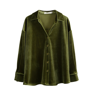 橄榄绿丝绒V领衬衫女2026秋冬新款叠穿气质衬衣法式小众复古上衣