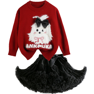 女童套装裙子2025秋冬新款红色毛衣半身裙两件套中大童圣诞拜年服