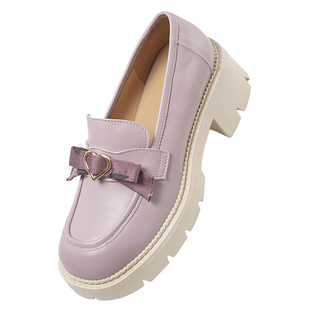 2026新款春秋复古仙女风爱心蝴蝶结精致厚底乐福鞋真皮粗跟高跟鞋