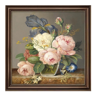 牡丹花卉手绘油画美式餐厅挂画花开富贵玄关装饰画卧室复古墙壁画