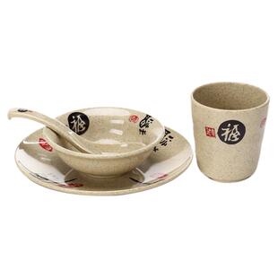 A5密胺福来到中式复古四件套装摆台仿瓷火锅店餐具米饭碗骨碟茶杯