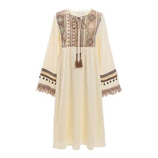森女部落民族风复古设计感刺绣宽松度假长袖连衣裙女2026新款秋季