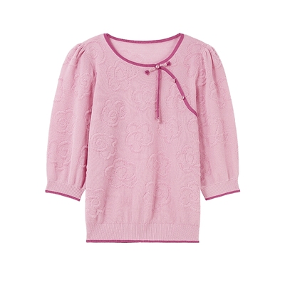MISSCOCOON新中式盘扣提花肌理感针织衫粉色中袖春款