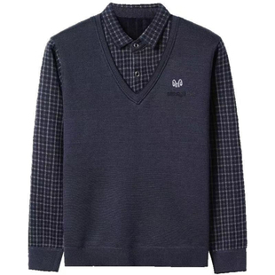 恒源祥集团彩羊本命年大红色假两件加绒毛衣男士羊绒衫老年爸爸装