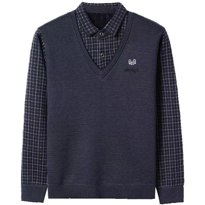 恒源祥集团彩羊本命年大红色假两件加绒毛衣男士羊绒衫老年爸爸装