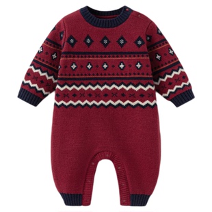 babylove婴儿连体衣春秋针织毛衣宝宝新年哈衣爬服保暖衣服费尔岛
