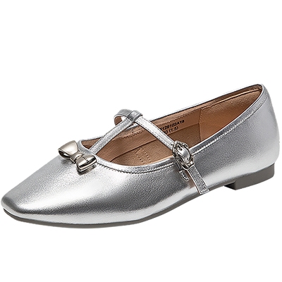 千百度银色丁字玛丽珍鞋女款气质百搭新款平底鞋小香风晚晚单鞋