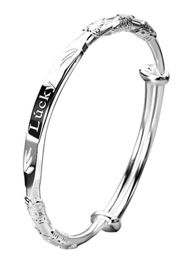 新款Lucky幸运手环女士网红浮雕花丝足银手镯女时尚实心镯子