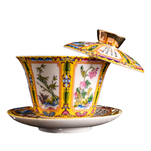 陶迷汝窑悬停盖碗珐琅彩三才碗手绘唐卡泡茶具家用高档功夫白瓷碗