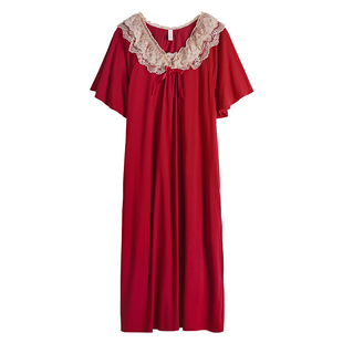 大红睡裙女夏季薄款莫代尔短袖半袖长裙睡衣凉感家居服大码公主裙